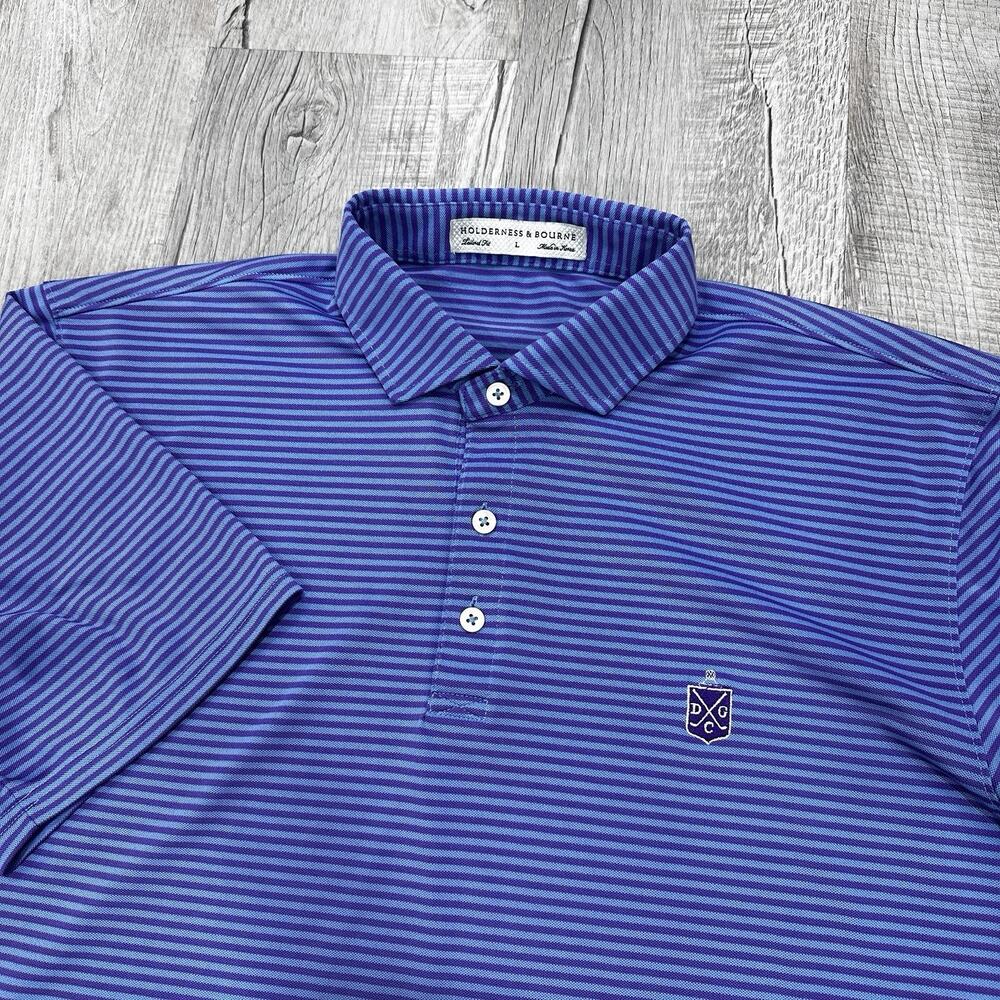 Holderness Bourne Polo Mens Large Purple Striped Golf Shirt Deepdale Golf Club